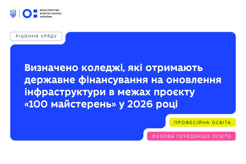 Визначено коледжі, які отримають державне фінансування на оновлення інфраструктури в межах проєкту «100 майстерень» у 2026 році