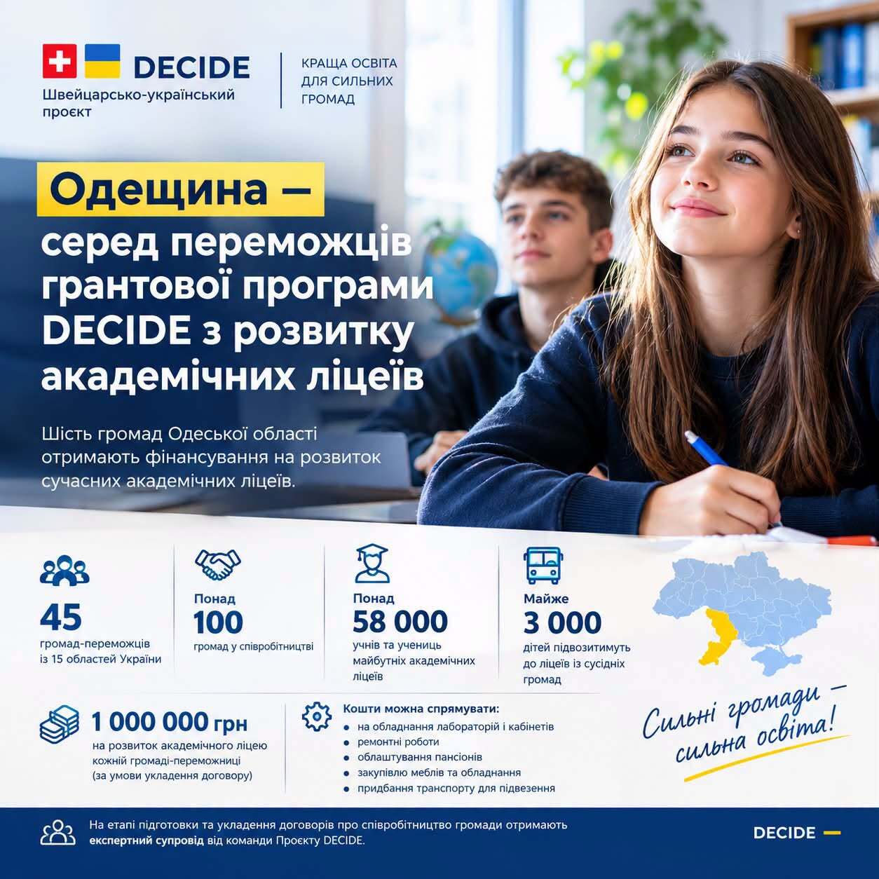 Шість громад Одещини стали переможцями грантової програми DECIDE з розвитку академічних ліцеїв Шість громад Одещини стали переможцями грантової програми DECIDE з розвитку академічних ліцеїв